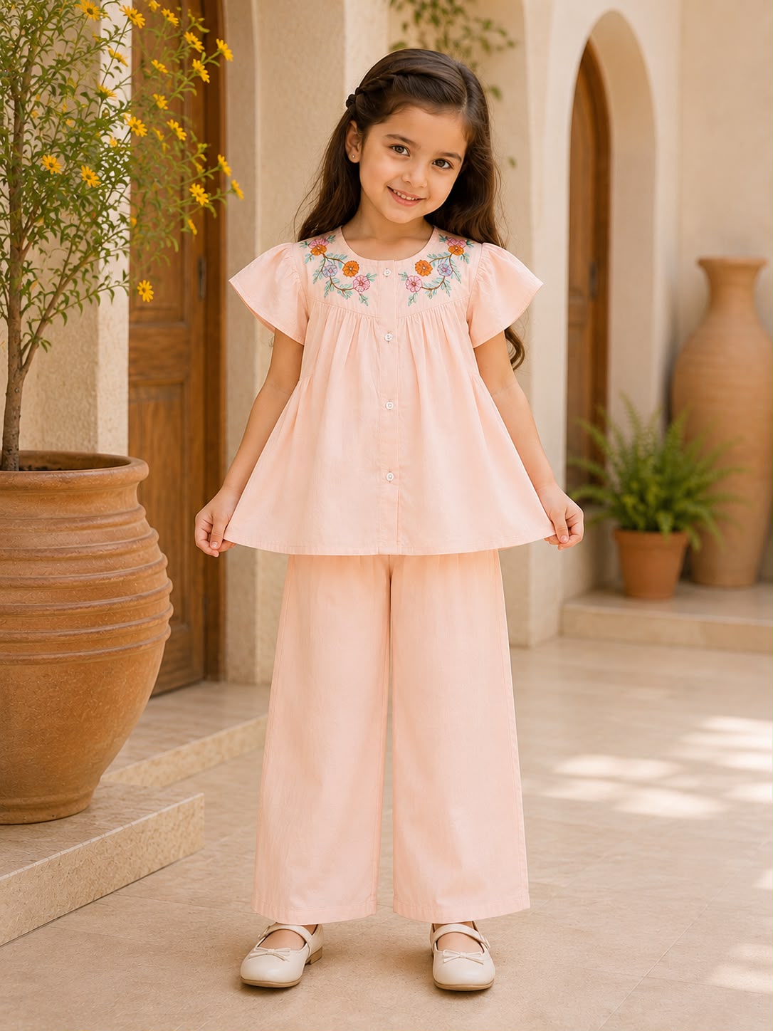 Girls Embroidered Cotton Co-Ord Set